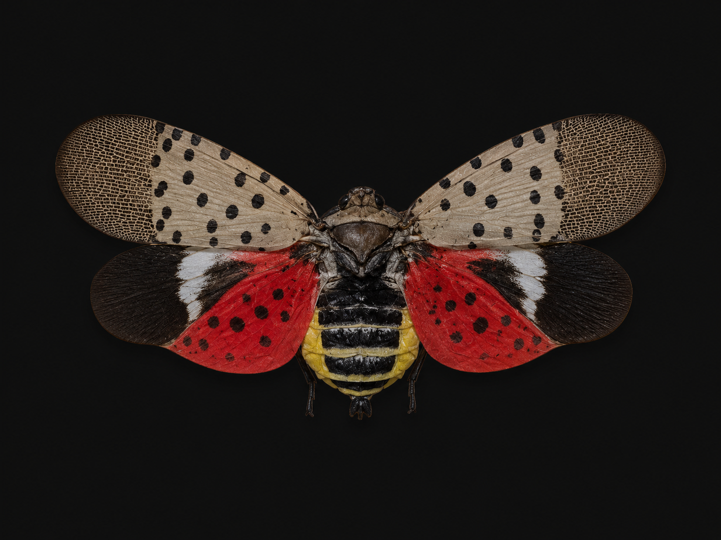 Spotted lanternfly with wings spread
